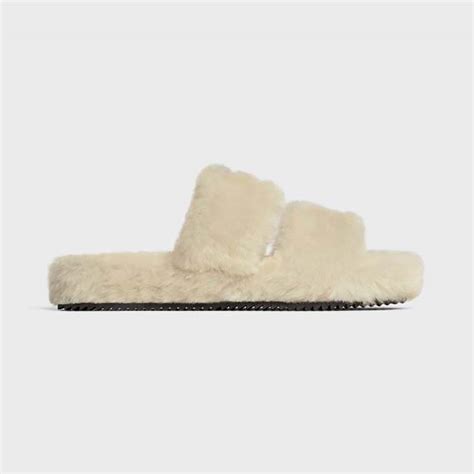 Women's Celine fur triomphe open slide in shearling slides 